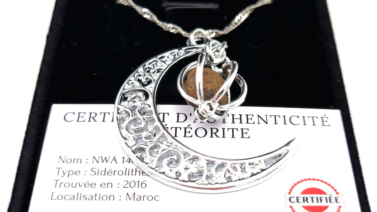 Pendentif croissant de lune en météorite posé sur son certificat d'authenticité, dans son écrin