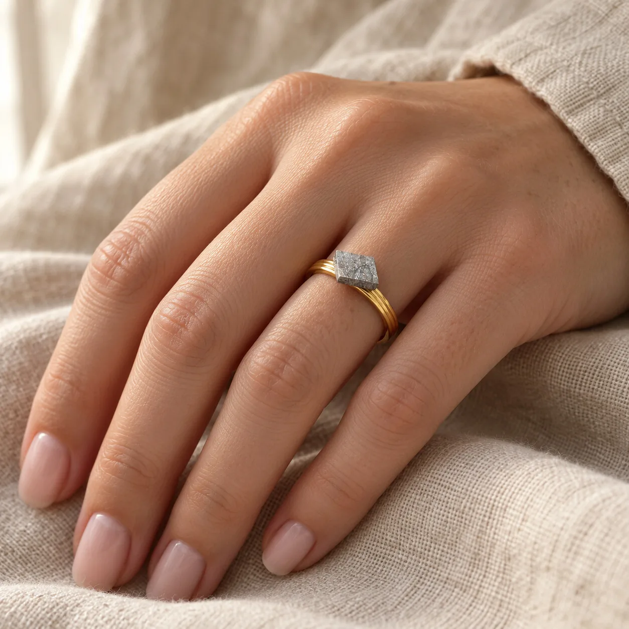 Bague dorée plaque carrée – météorite Aletai, taille 21 – porté (mise en situation)