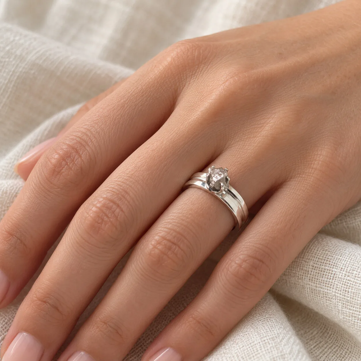 Bague double anneau argentée – Campo del Cielo sertie griffes – porté (mise en situation)