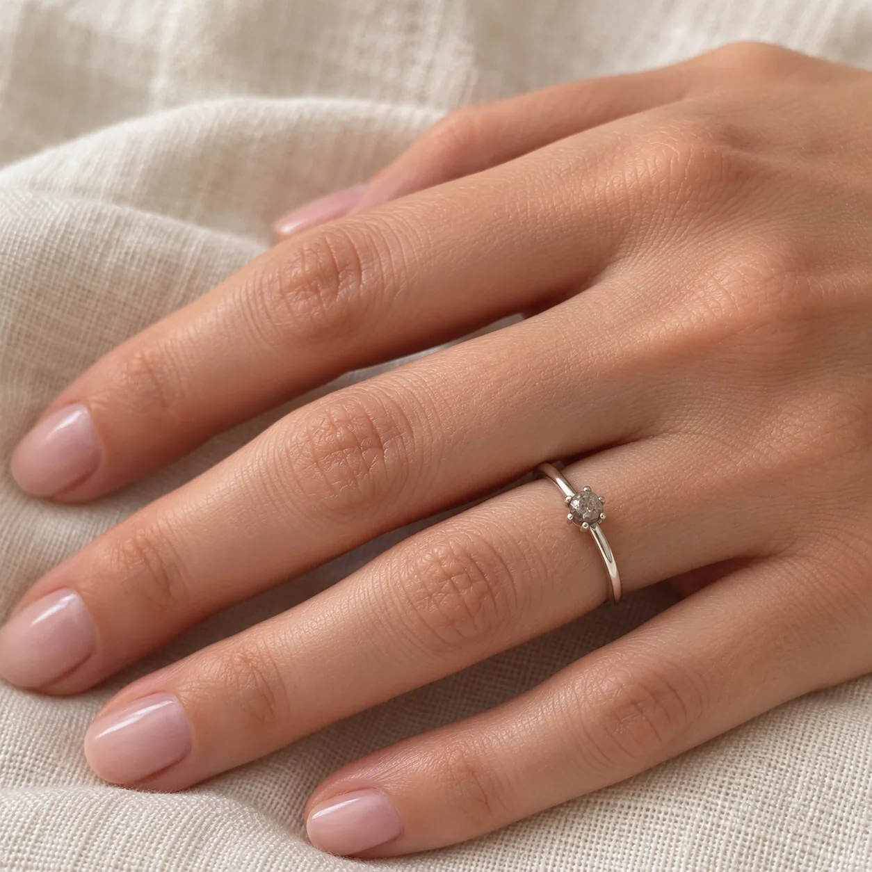 Bague très fine argentée – météorite Gebel Kamil, taille 20 – porté (mise en situation)