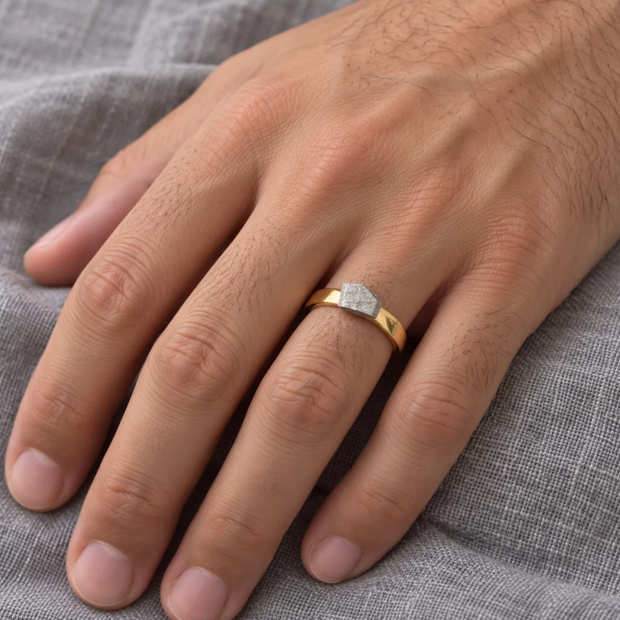Bague dorée météorite aubrite Sebkha el Melah 001, taille 17 – porté (mise en situation)