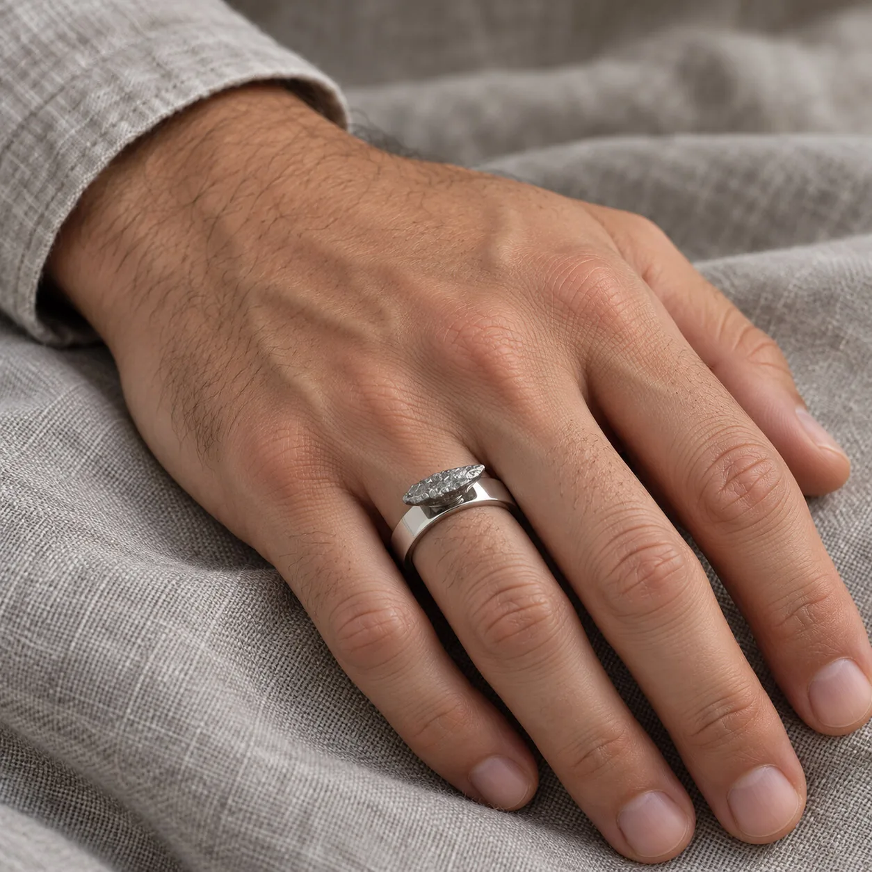 Bague argentée plaque ovale – météorite Aletai, taille 18 – porté (mise en situation)