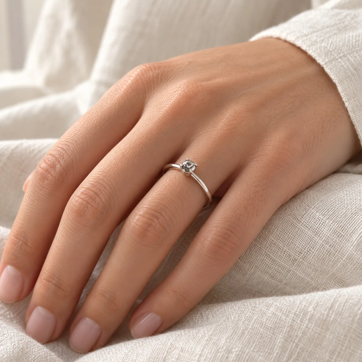 Bague solitaire argentée – météorite Aletai, taille 20 – porté (mise en situation)