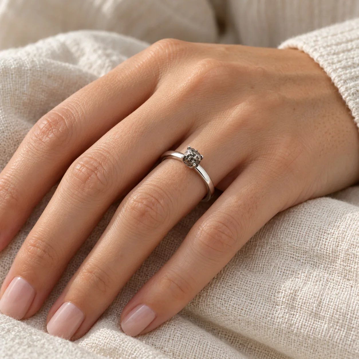 Bague solitaire argentée – Campo del Cielo, taille 21 – porté (mise en situation)