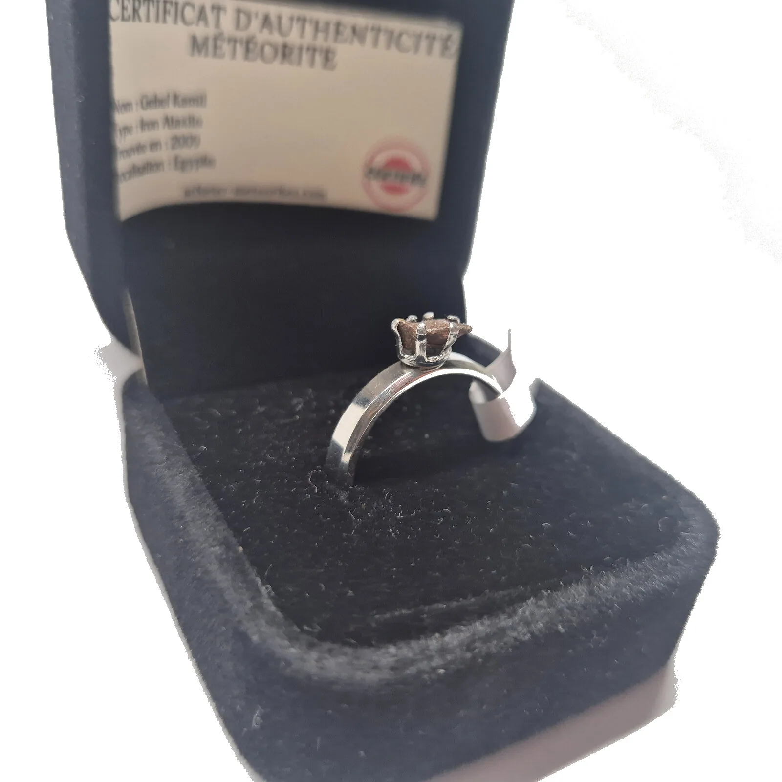 Bague solitaire argentée – météorite Gebel Kamil, taille 18 – vue 4