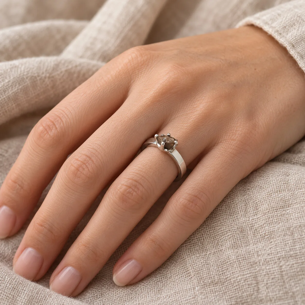 Bague solitaire argentée – météorite Gebel Kamil, taille 18 – porté (mise en situation)