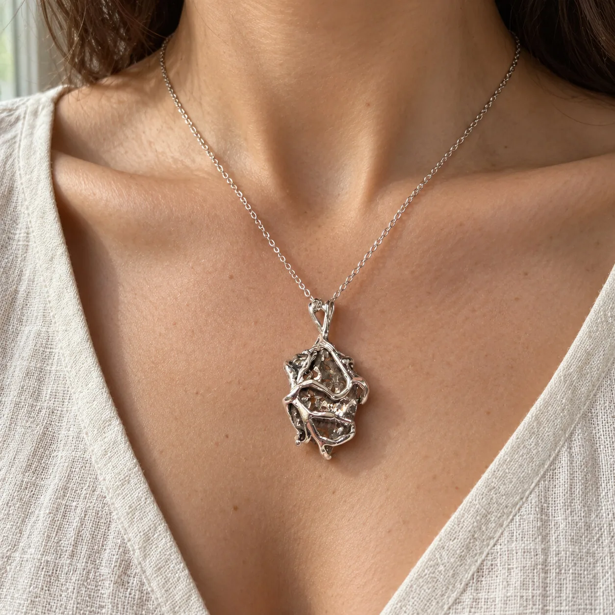 Collier entrelacs argenté – météorite Gebel Kamil – porté (mise en situation)