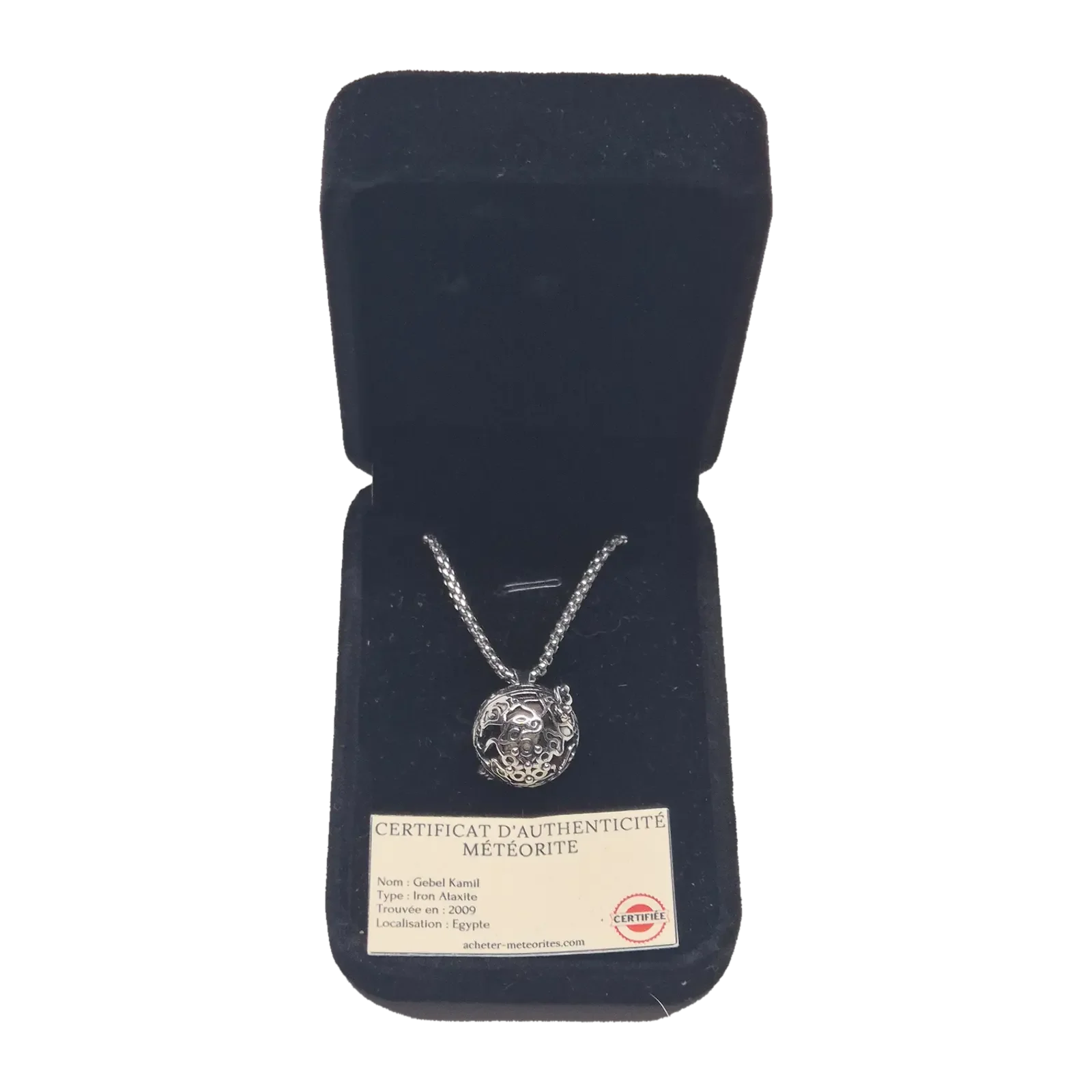 Collier boule ajourée argentée – météorite Gebel Kamil