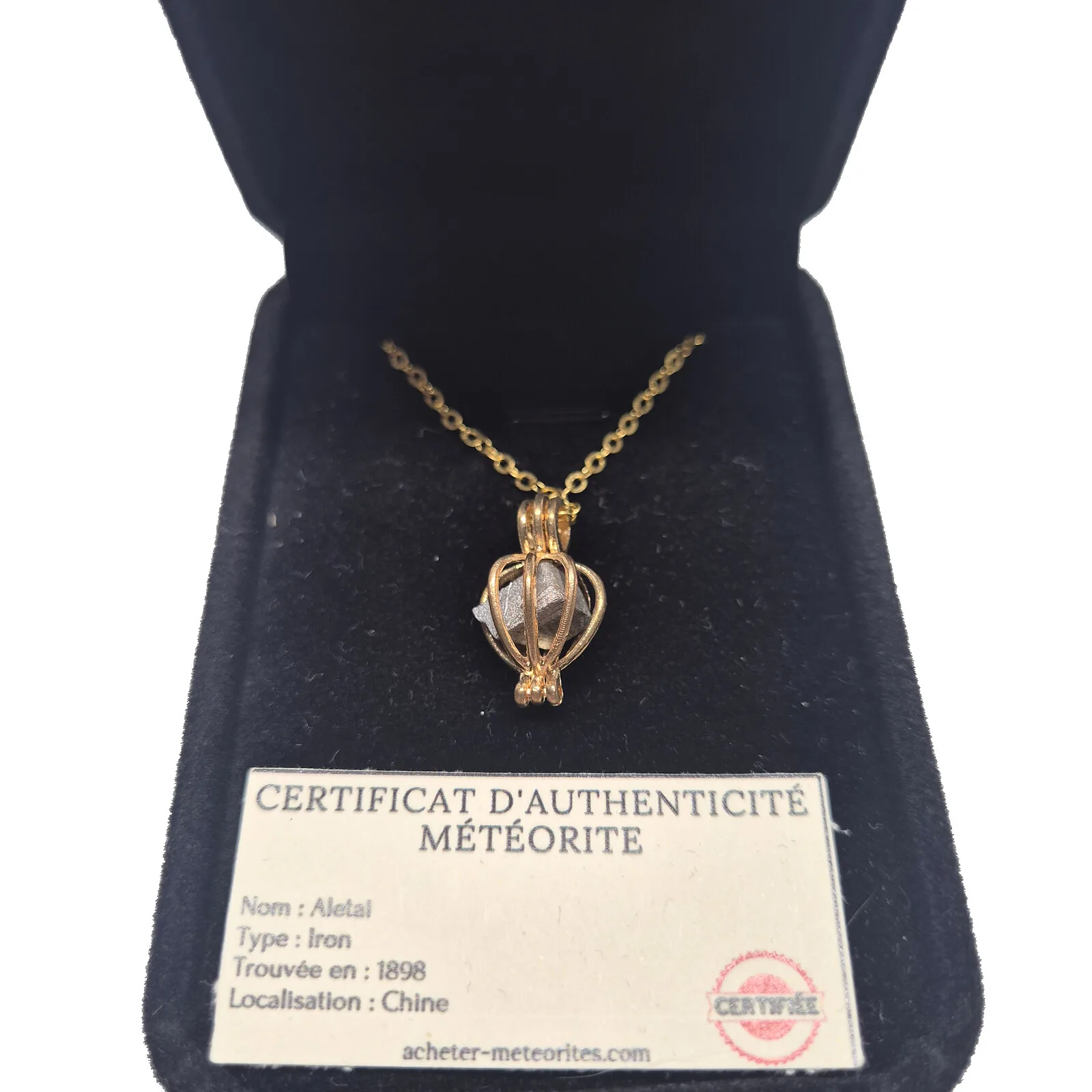 Collier cage lanterne dorée – météorite Aletai – vue 3