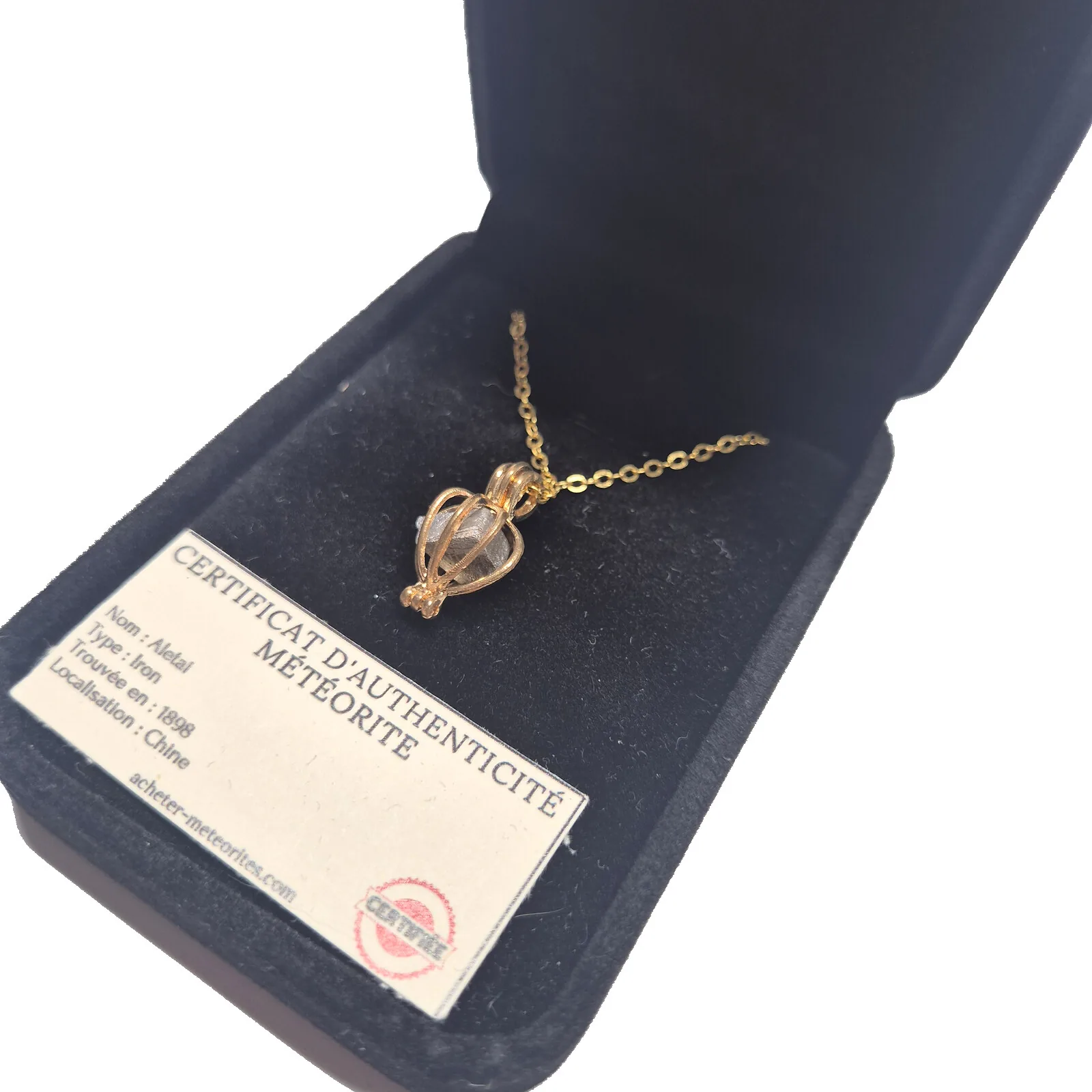 Collier cage lanterne dorée – météorite Aletai – vue 4