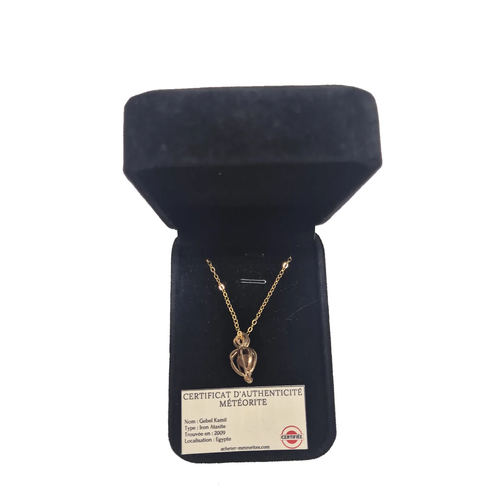Collier cage torsadée or rose – météorite Gebel Kamil – vue 2