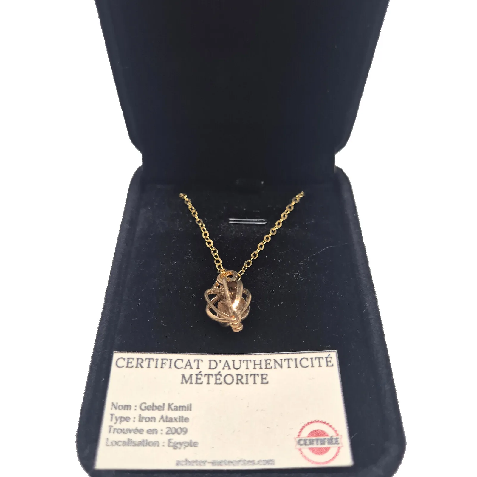 Collier cage torsadée or rose – météorite Gebel Kamil – vue 3