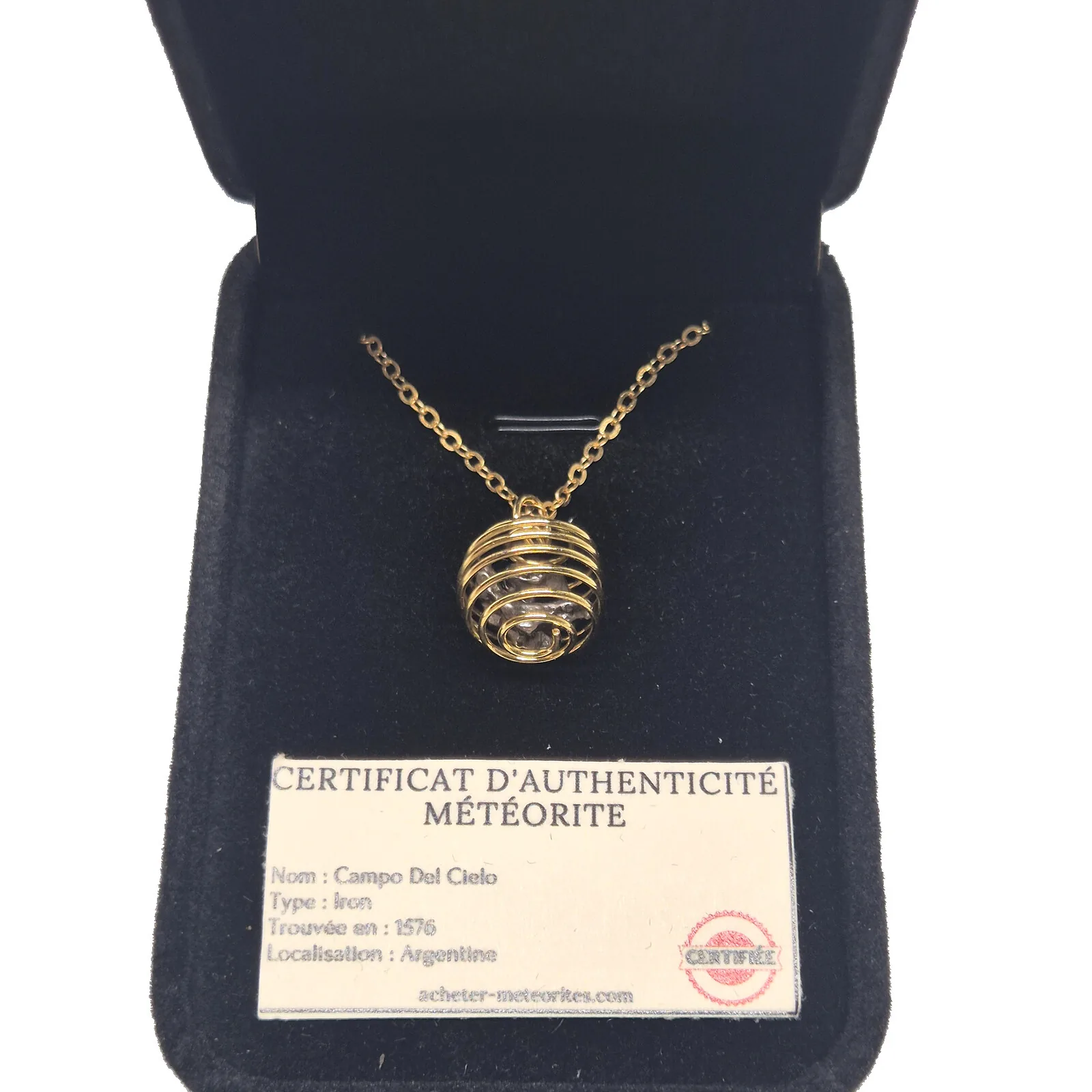 Collier cage spirale dorée – météorite Campo del Cielo – vue 2