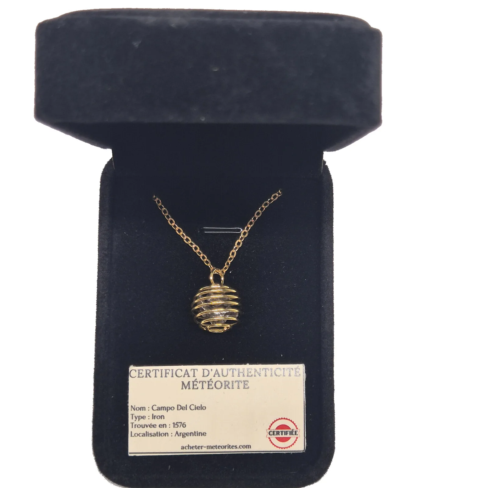 Collier cage spirale dorée – météorite Campo del Cielo – vue 3