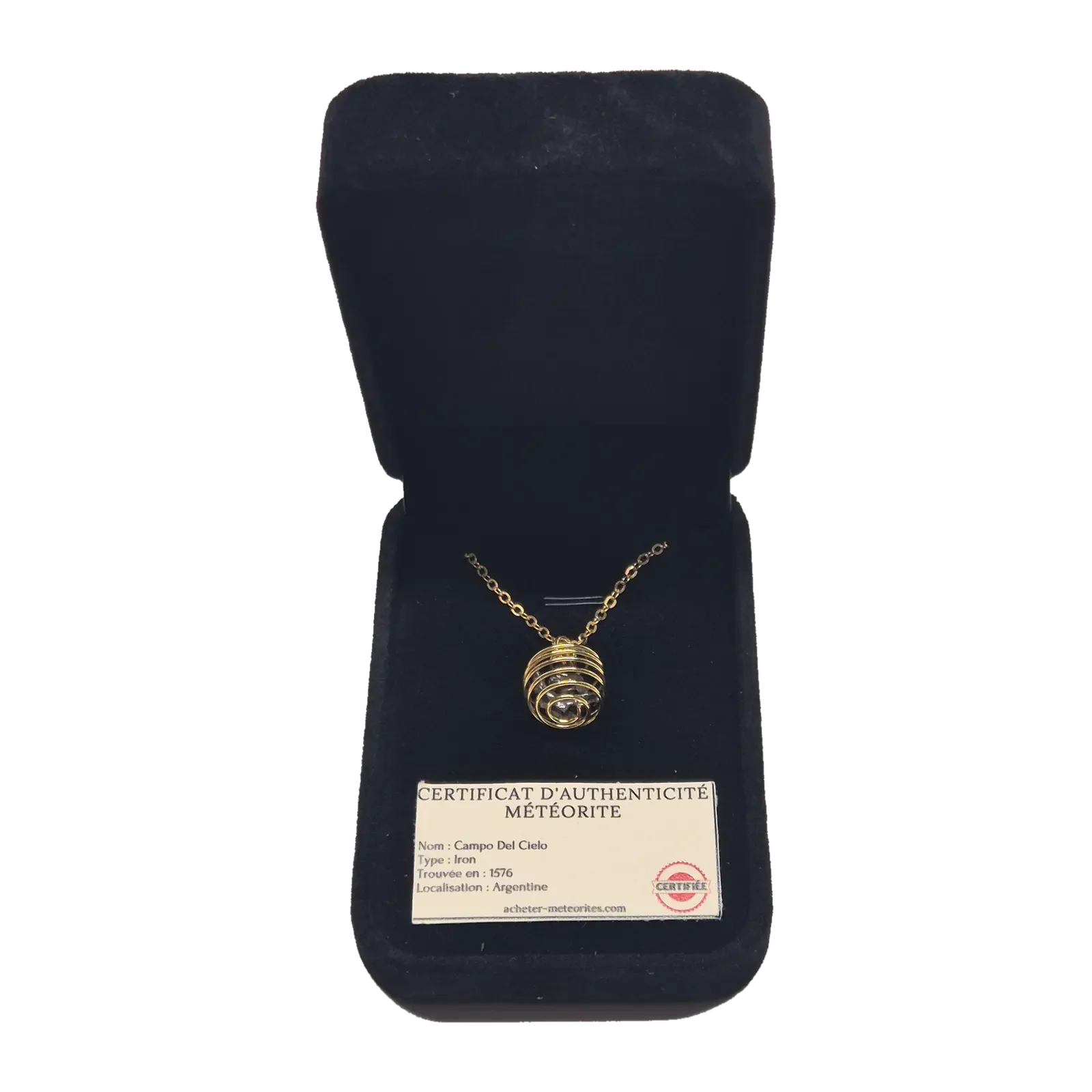 Collier cage spirale dorée – météorite Campo del Cielo