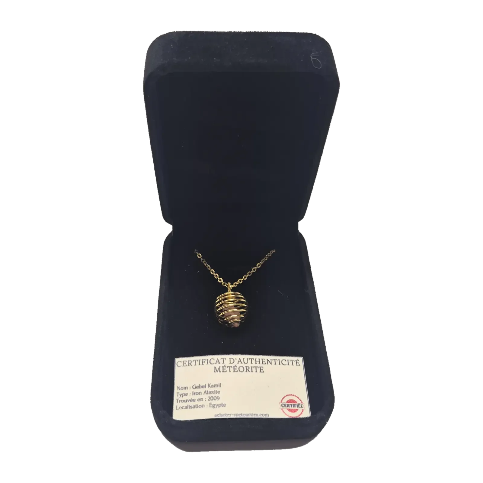Collier cage spirale dorée – météorite Gebel Kamil