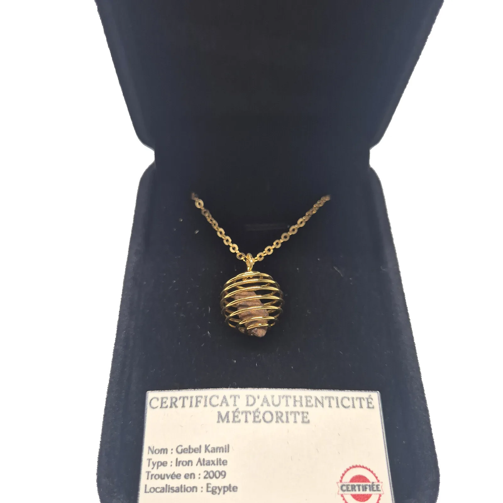 Collier cage spirale dorée – météorite Gebel Kamil – vue 2