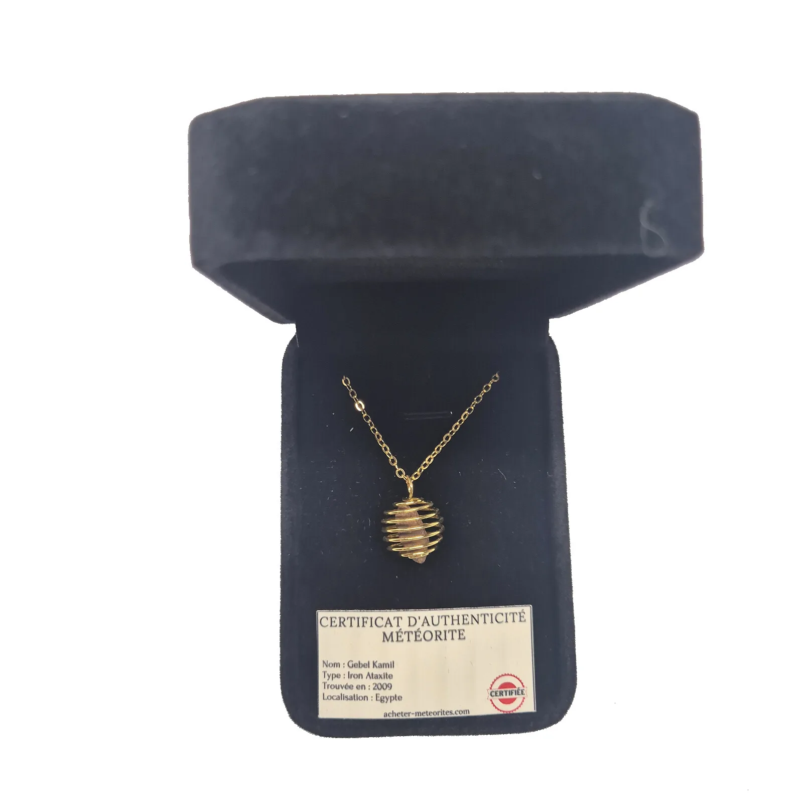 Collier cage spirale dorée – météorite Gebel Kamil – vue 3