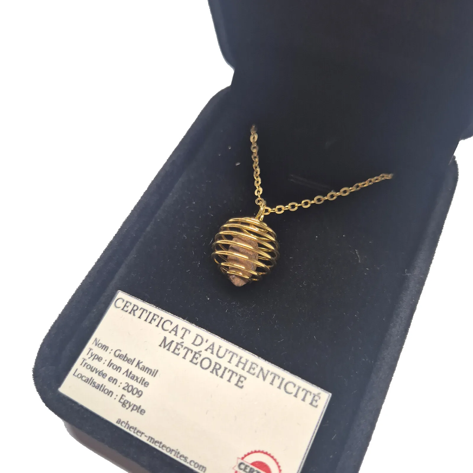 Collier cage spirale dorée – météorite Gebel Kamil – vue 4