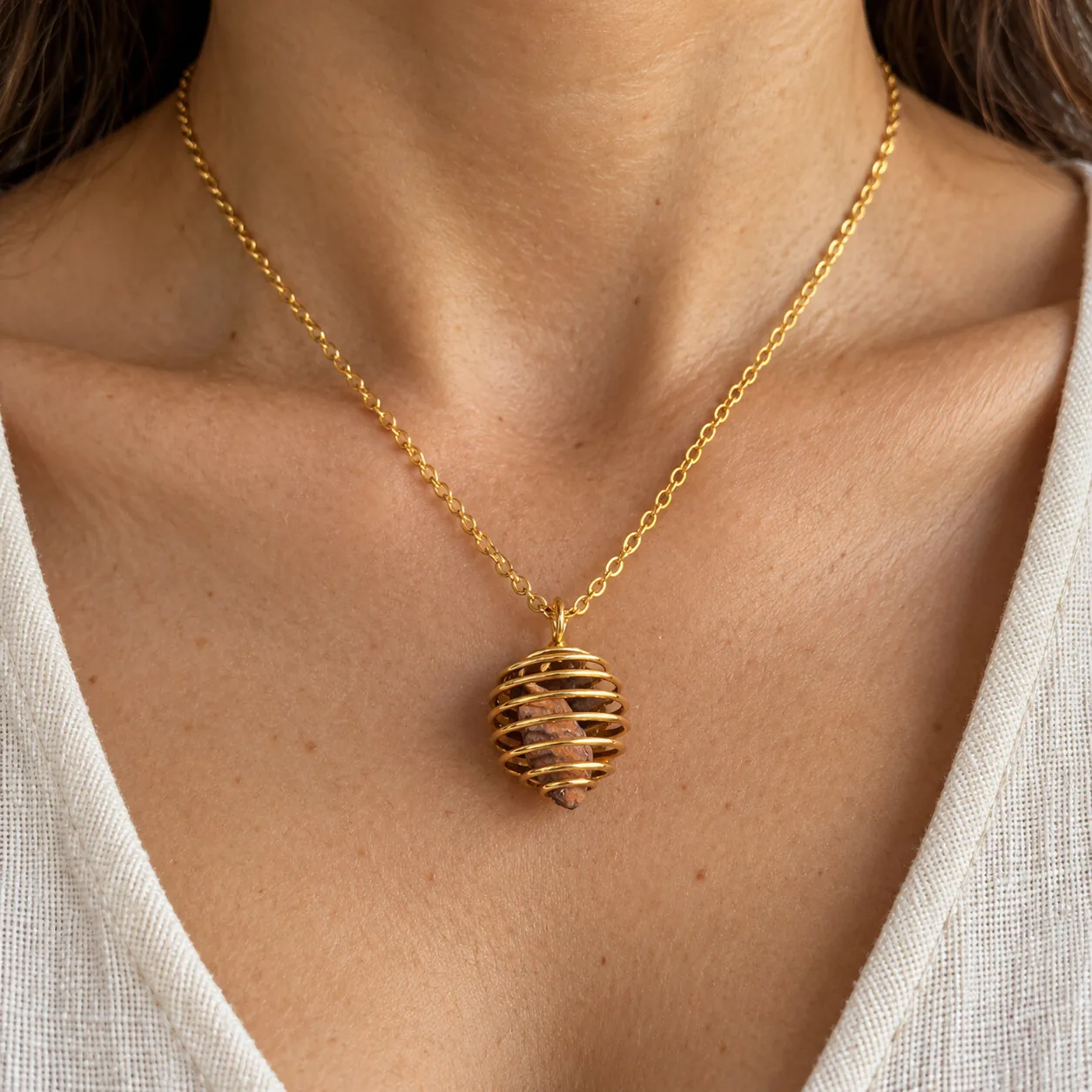 Collier cage spirale dorée – météorite Gebel Kamil – porté (mise en situation)