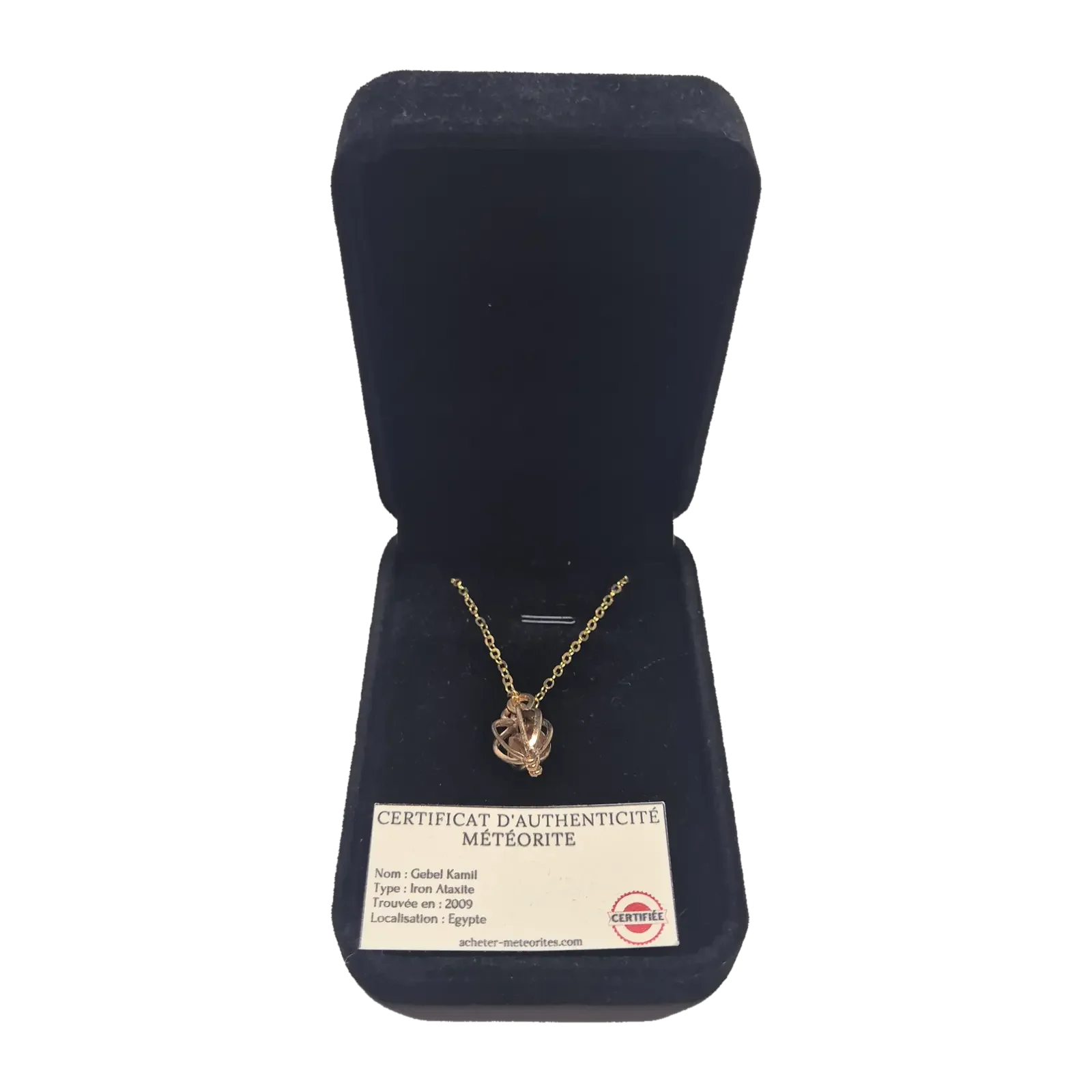 Collier cage torsadée or rose – météorite Gebel Kamil