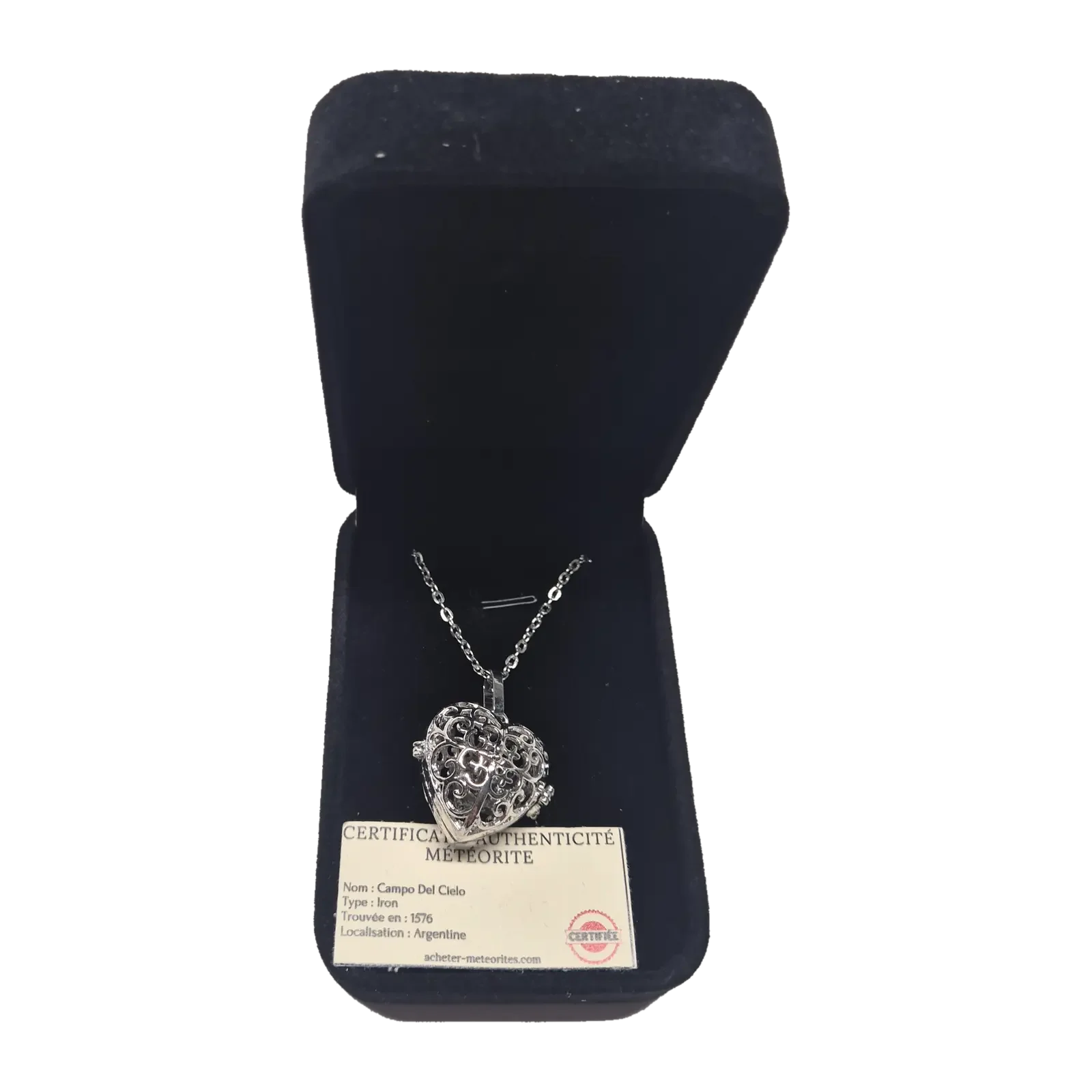 Collier cœur ajouré argenté – météorite Campo del Cielo