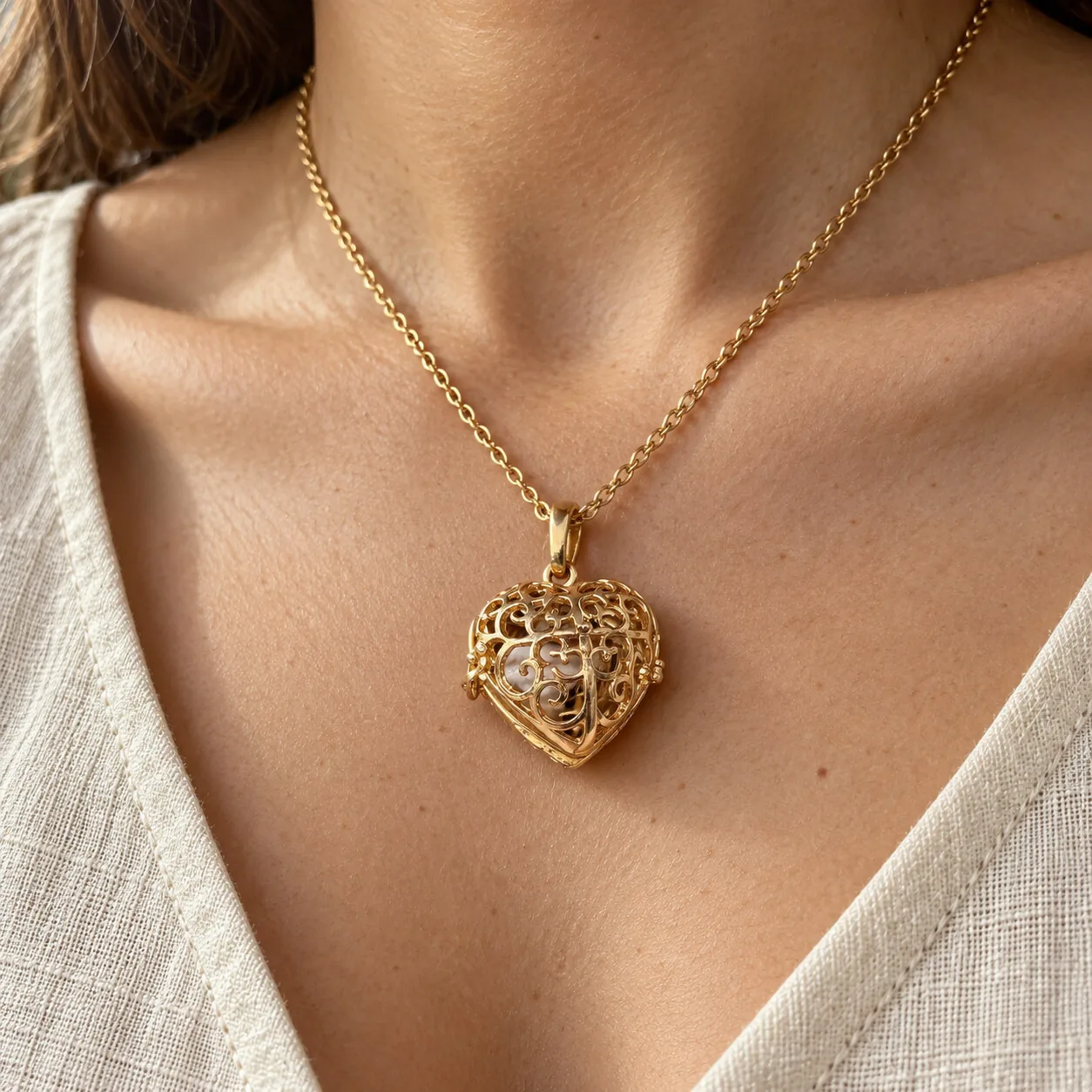 Collier cœur ajouré doré – météorite Aletai – porté (mise en situation)