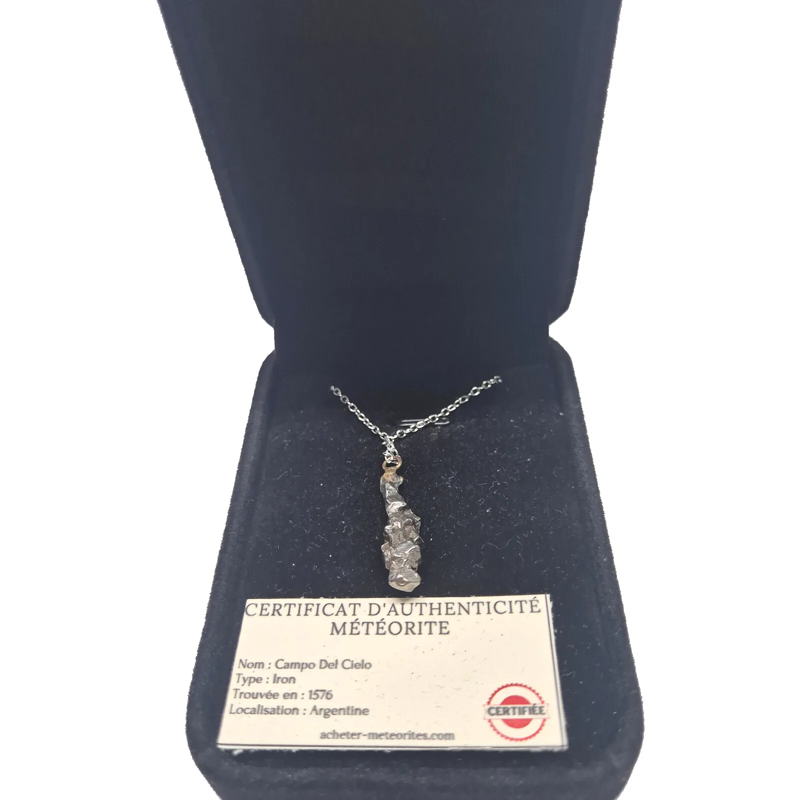 Collier fragment brut Campo del Cielo – chaîne argentée, pièce n°1 – vue 2