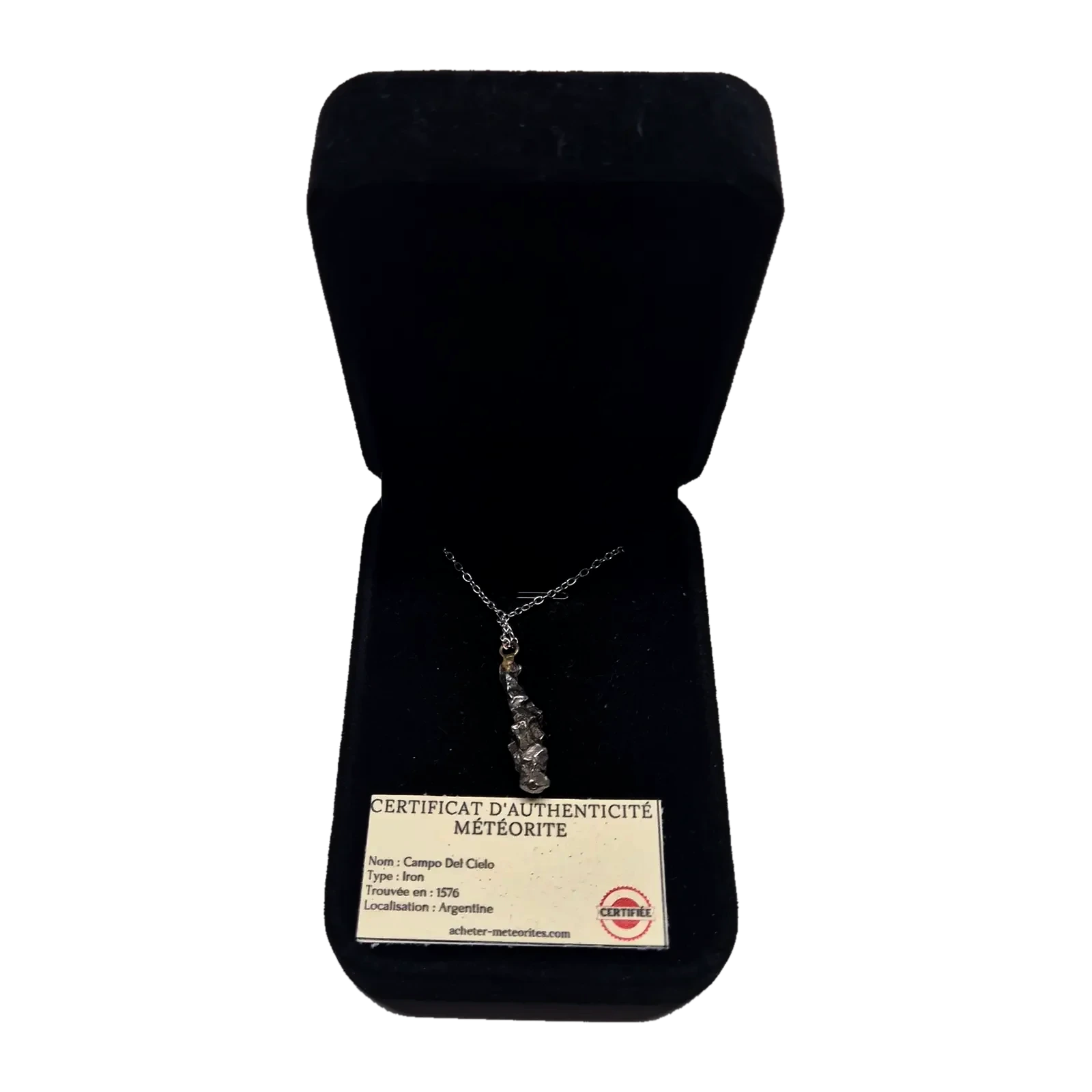 Collier fragment brut Campo del Cielo – chaîne argentée, pièce n°1