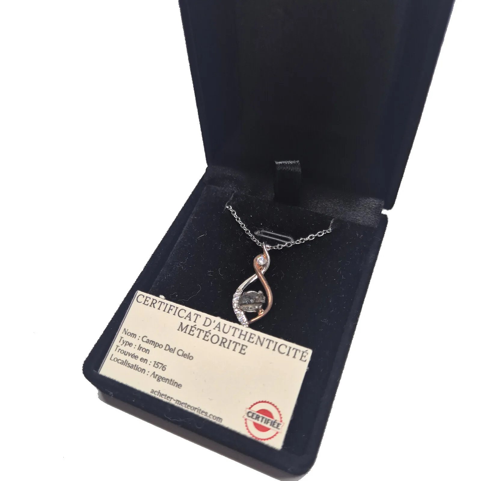 Collier infini bicolore à zircons – météorite Campo del Cielo – vue 3