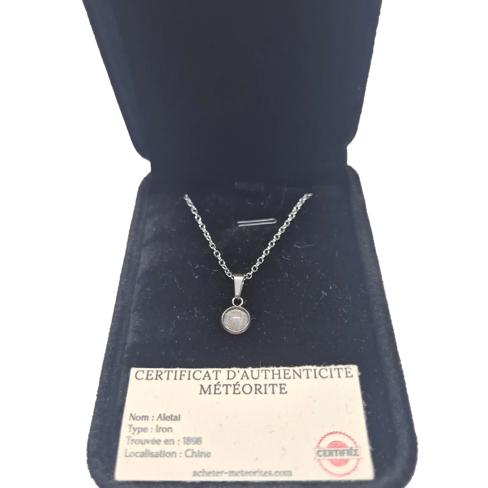 Collier médaillon rond argenté – météorite Aletai – vue 2