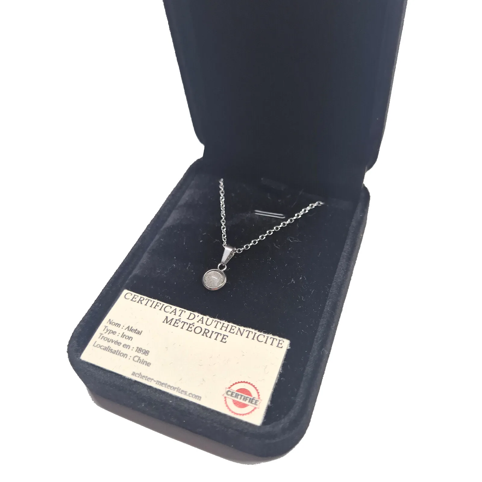 Collier médaillon rond argenté – météorite Aletai – vue 4