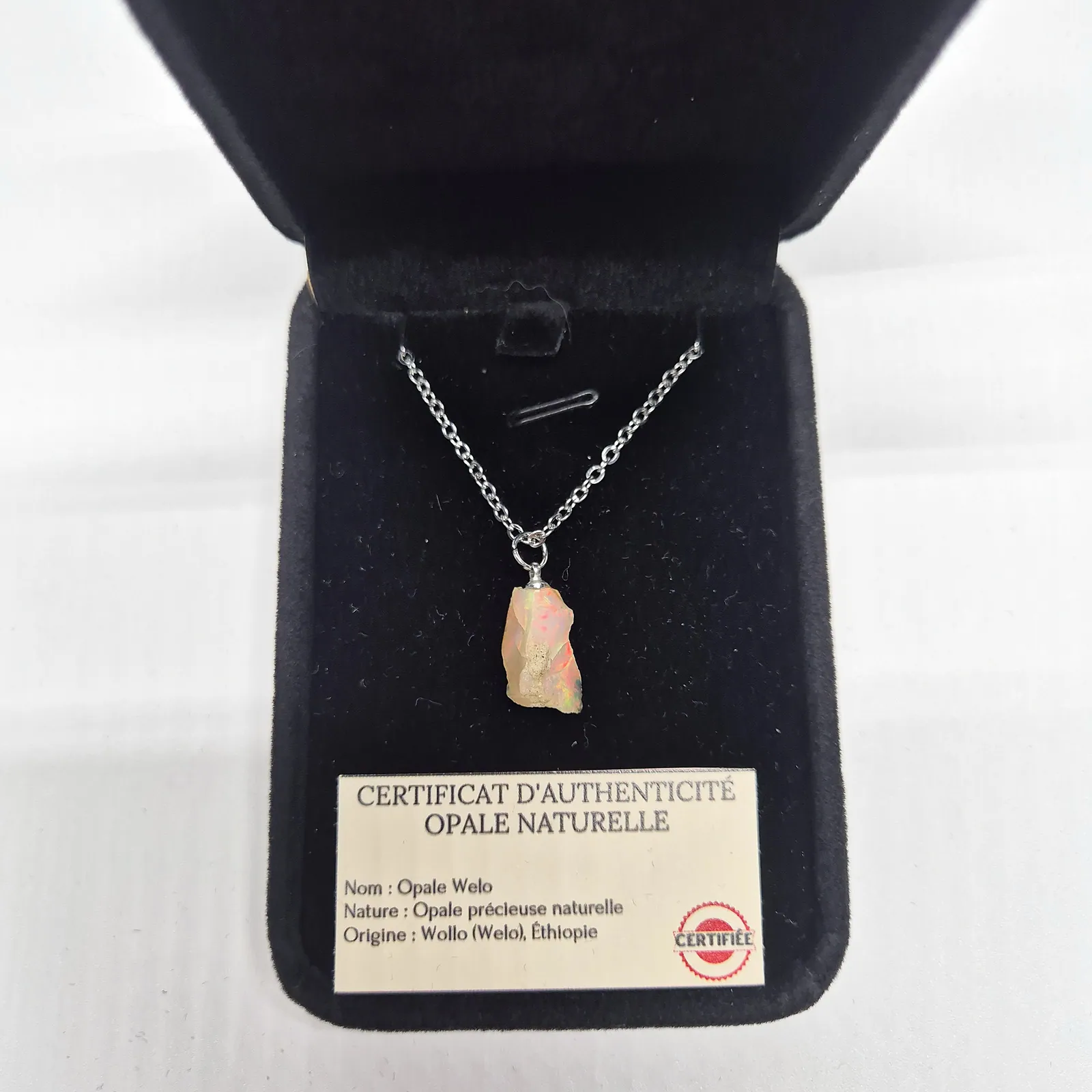 Collier opale Welo brute – chaîne argentée – vue 2