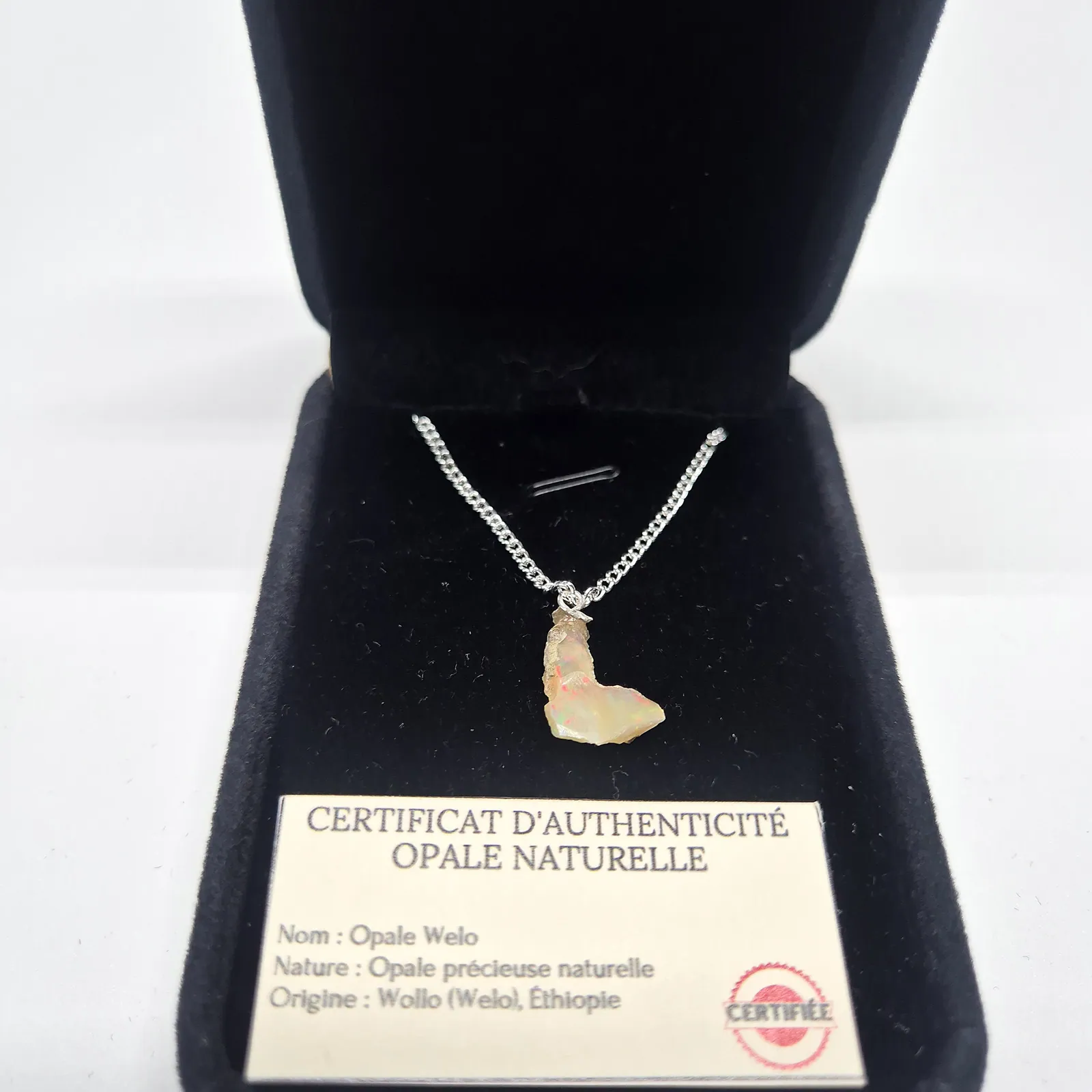 Collier opale Welo brute – chaîne argentée maille gourmette – vue 2