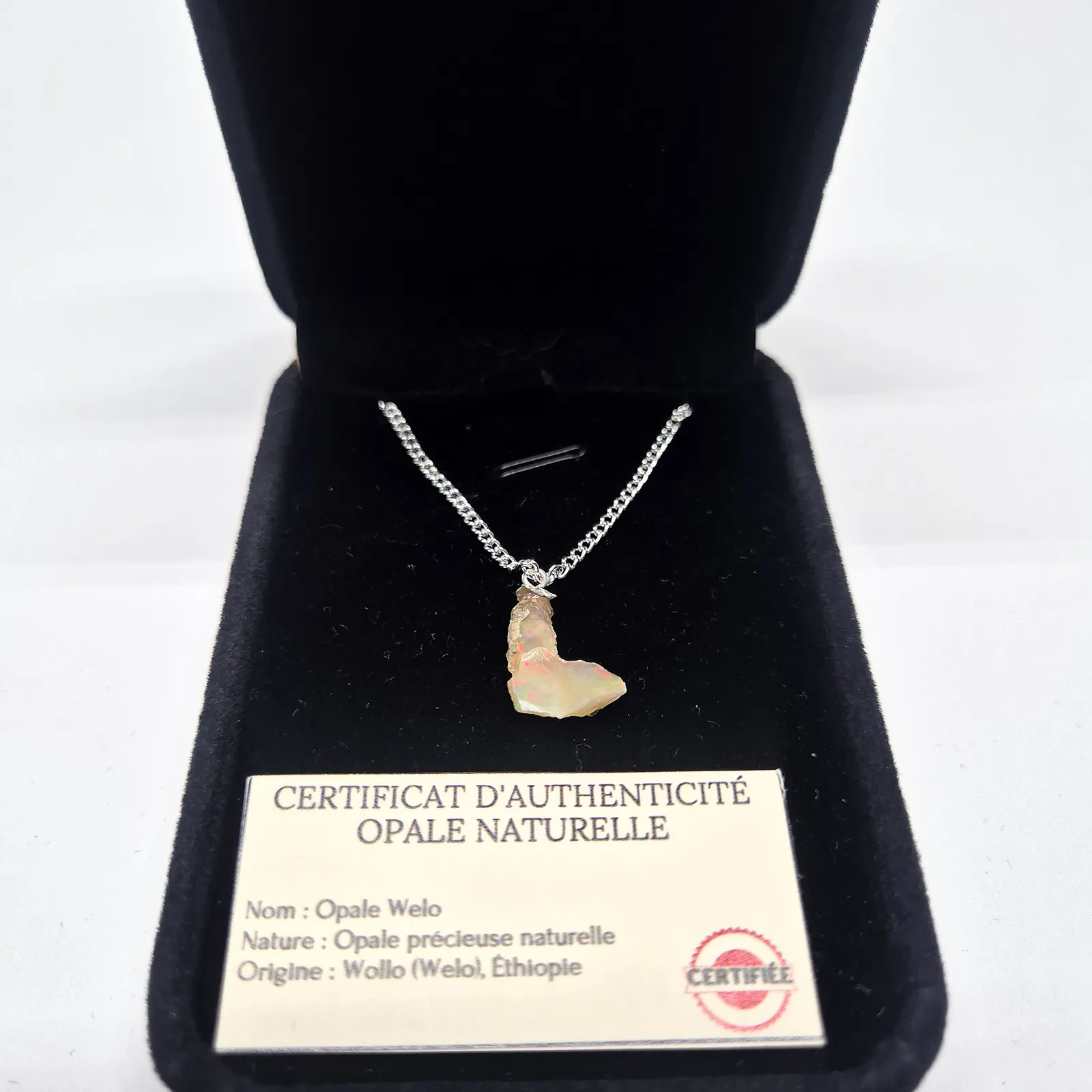 Collier opale Welo brute – chaîne argentée maille gourmette – vue 4