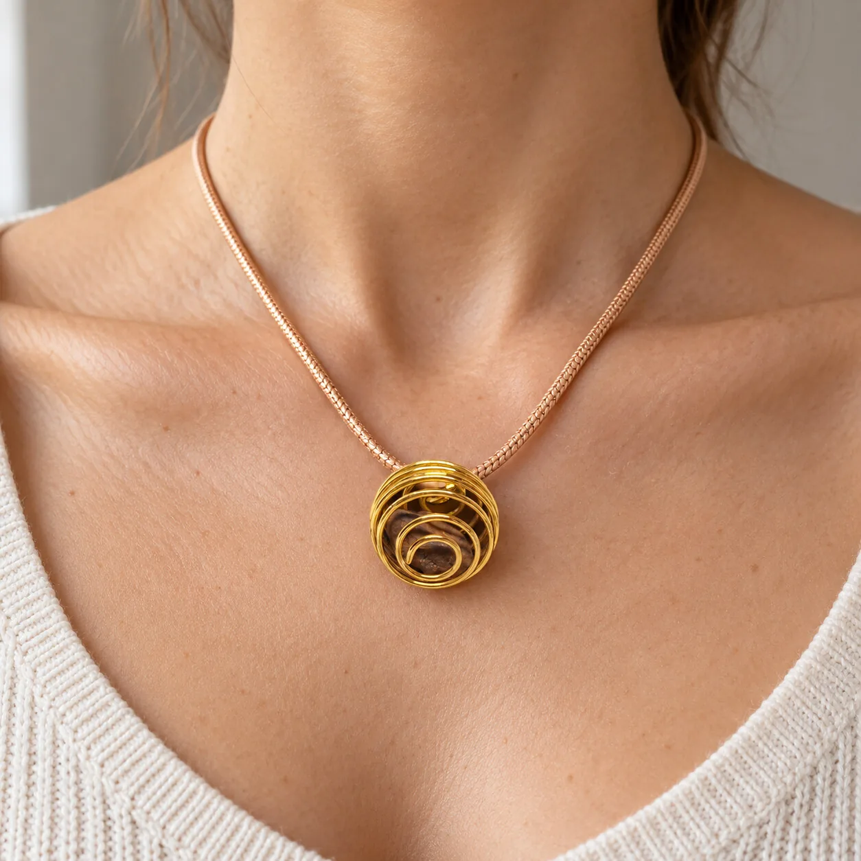 Collier spirale dorée chaîne serpentine – Gebel Kamil – porté (mise en situation)