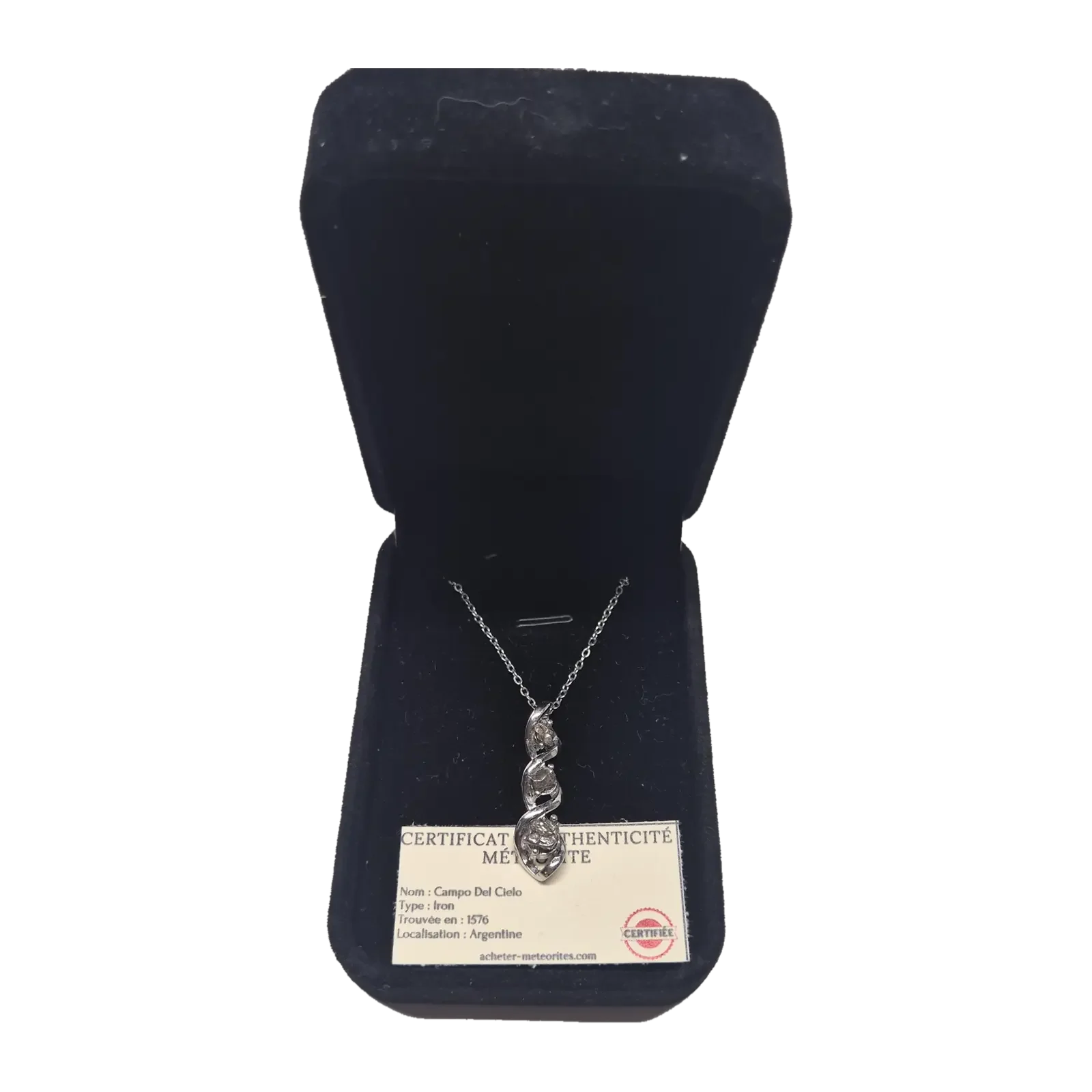 Collier trois fragments de météorite Campo del Cielo – spirale argentée