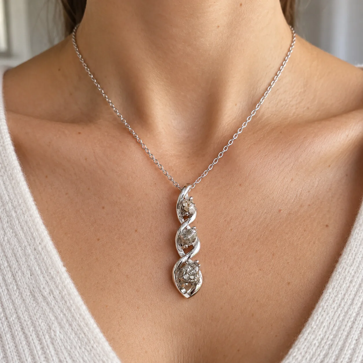 Collier trois fragments de météorite Campo del Cielo – spirale argentée – porté (mise en situation)