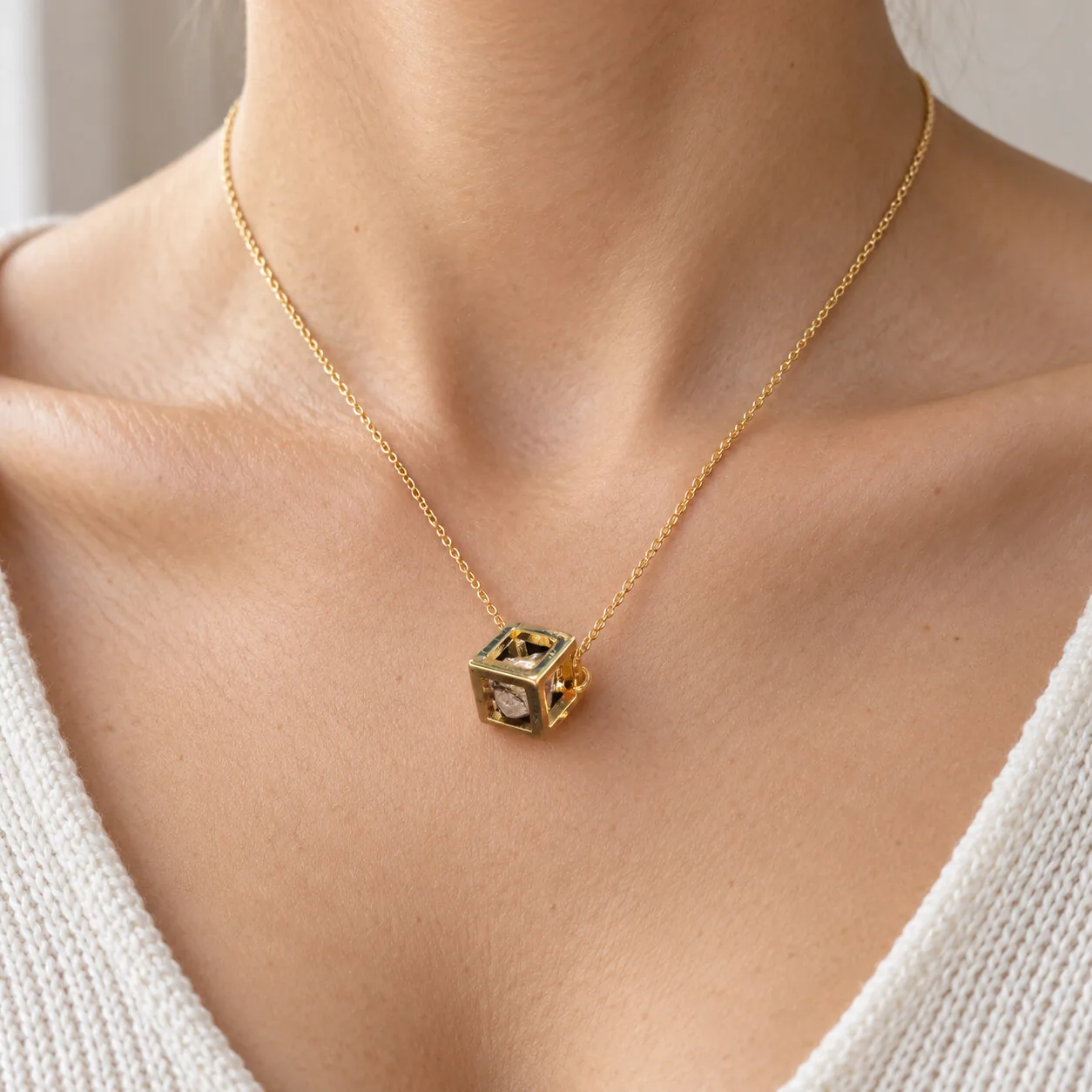 Pendentif cube doré – météorite Campo del Cielo – porté (mise en situation)