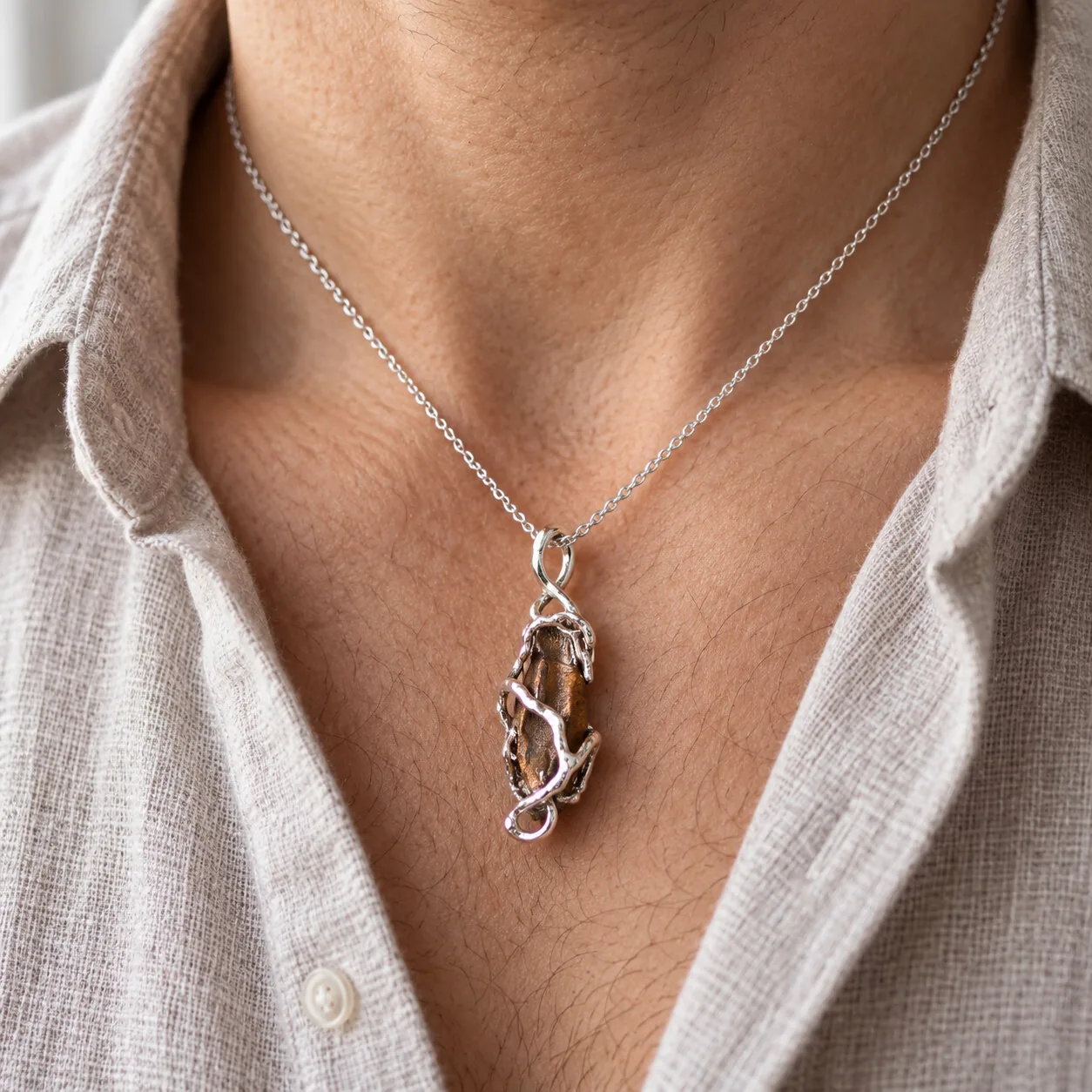 Pendentif Gebel Kamil brut – monture entrelacée argentée – porté (mise en situation)
