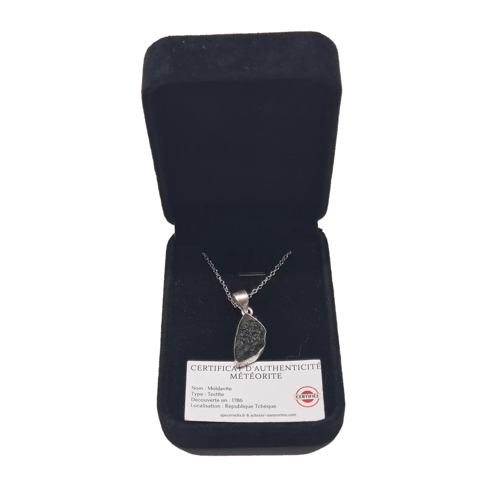 Pendentif moldavite naturelle allongée – chaîne argentée n°2