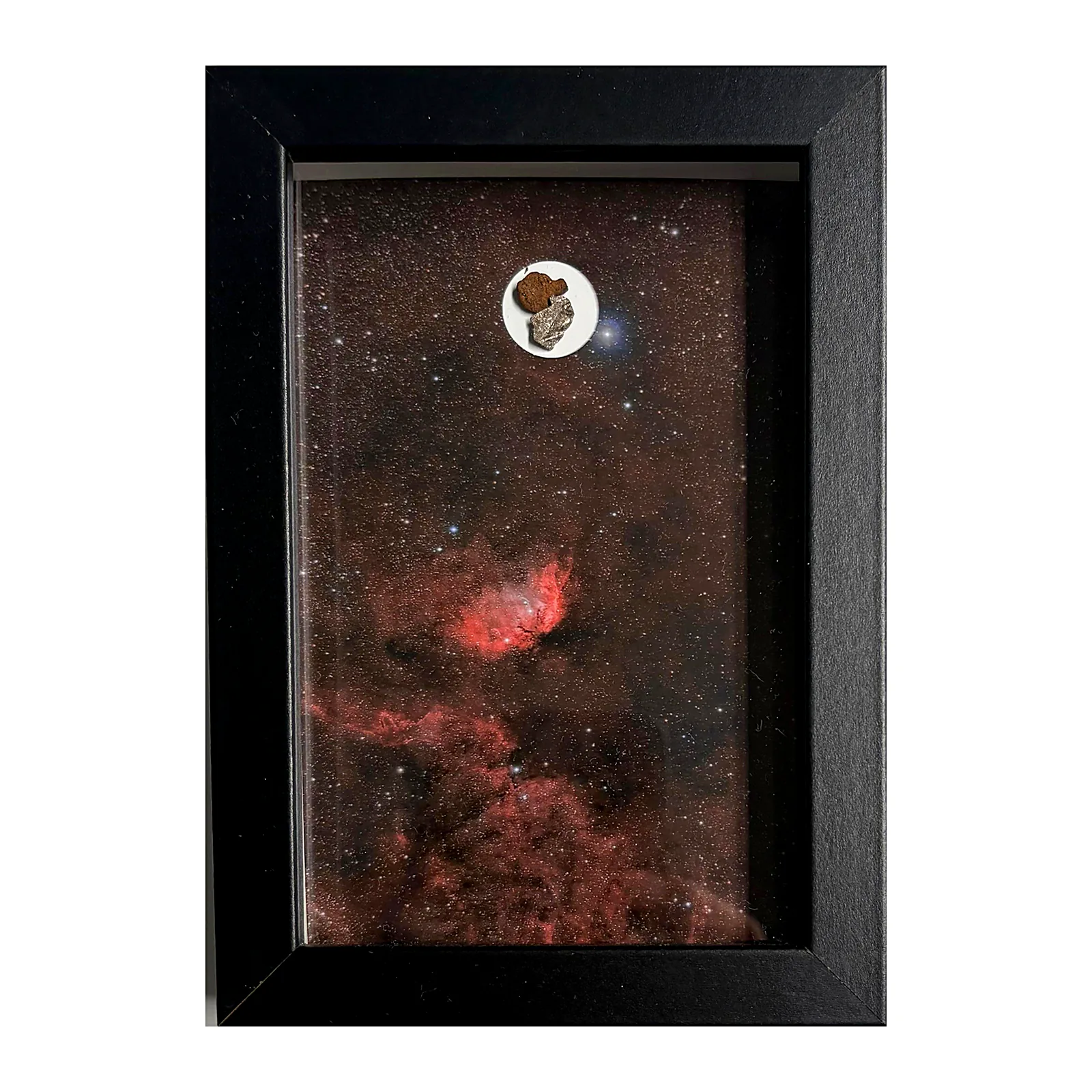 Tableau deux météorites – Gebel Kamil, Aletai et nébuleuse de la Tulipe – vue de face sur fond blanc