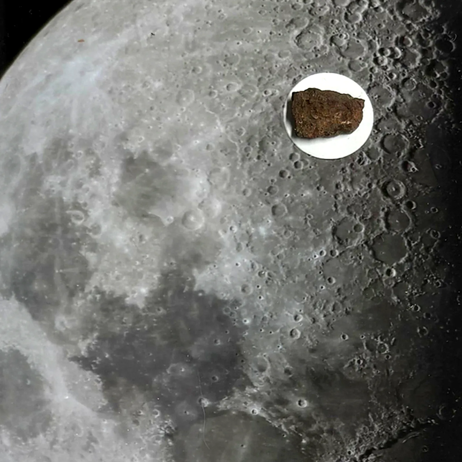 Tableau lune avec météorite NWA XXX – cadre blanc – gros plan sur la météorite