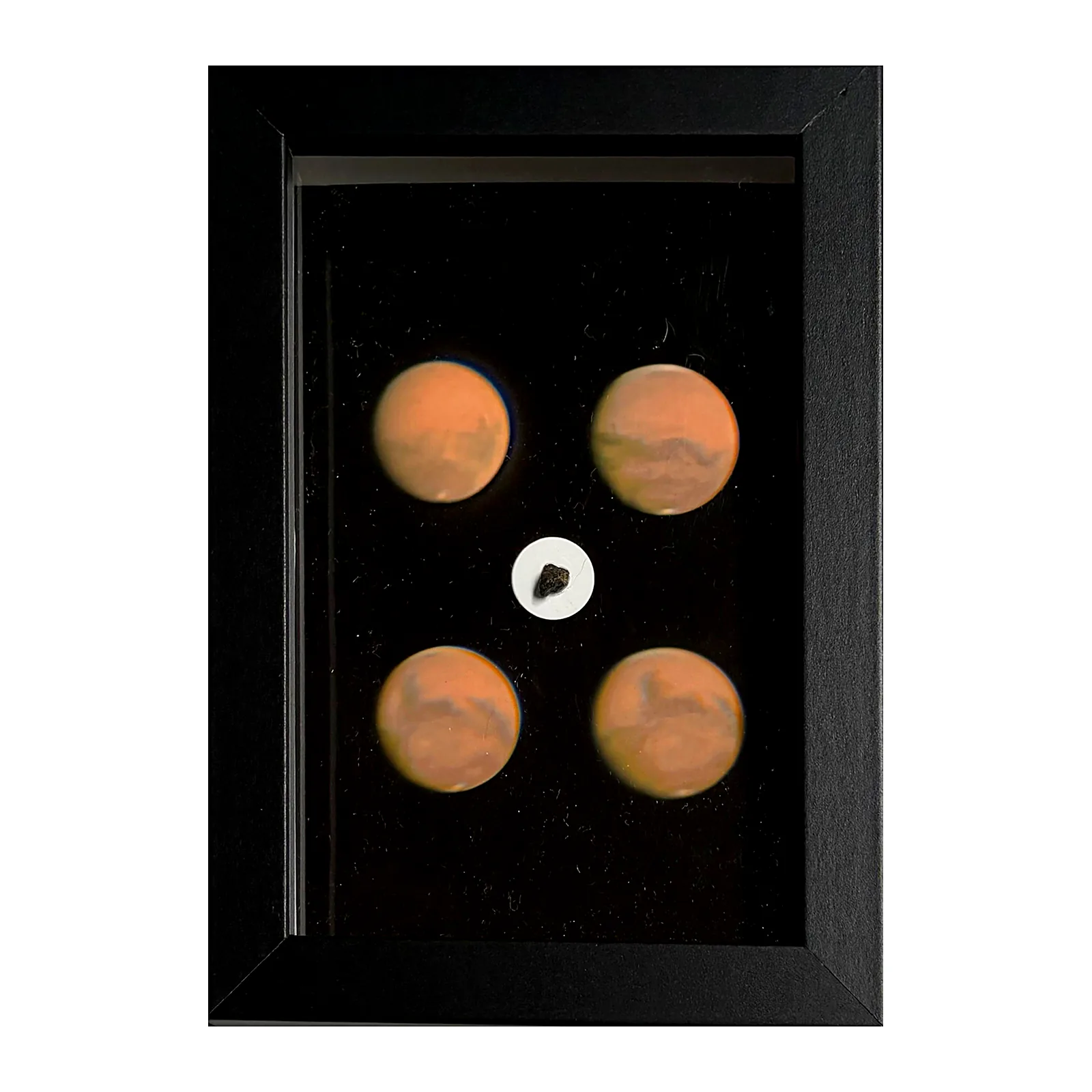 Tableau météorite de Mars – Amgala 001 et quatre visages de la planète rouge – vue de face sur fond blanc