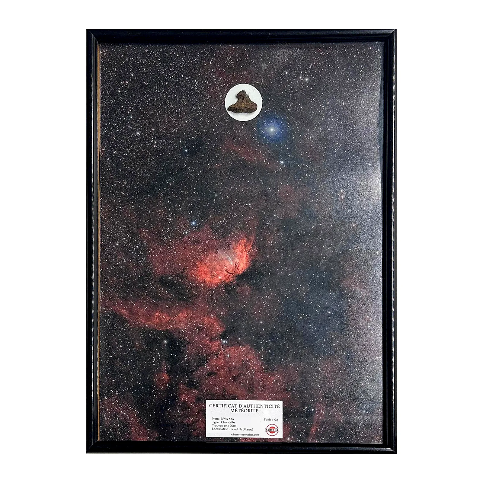 Tableau nébuleuse de la Tulipe avec météorite NWA XXX – grand format 40 × 30 cm – vue de face sur fond blanc