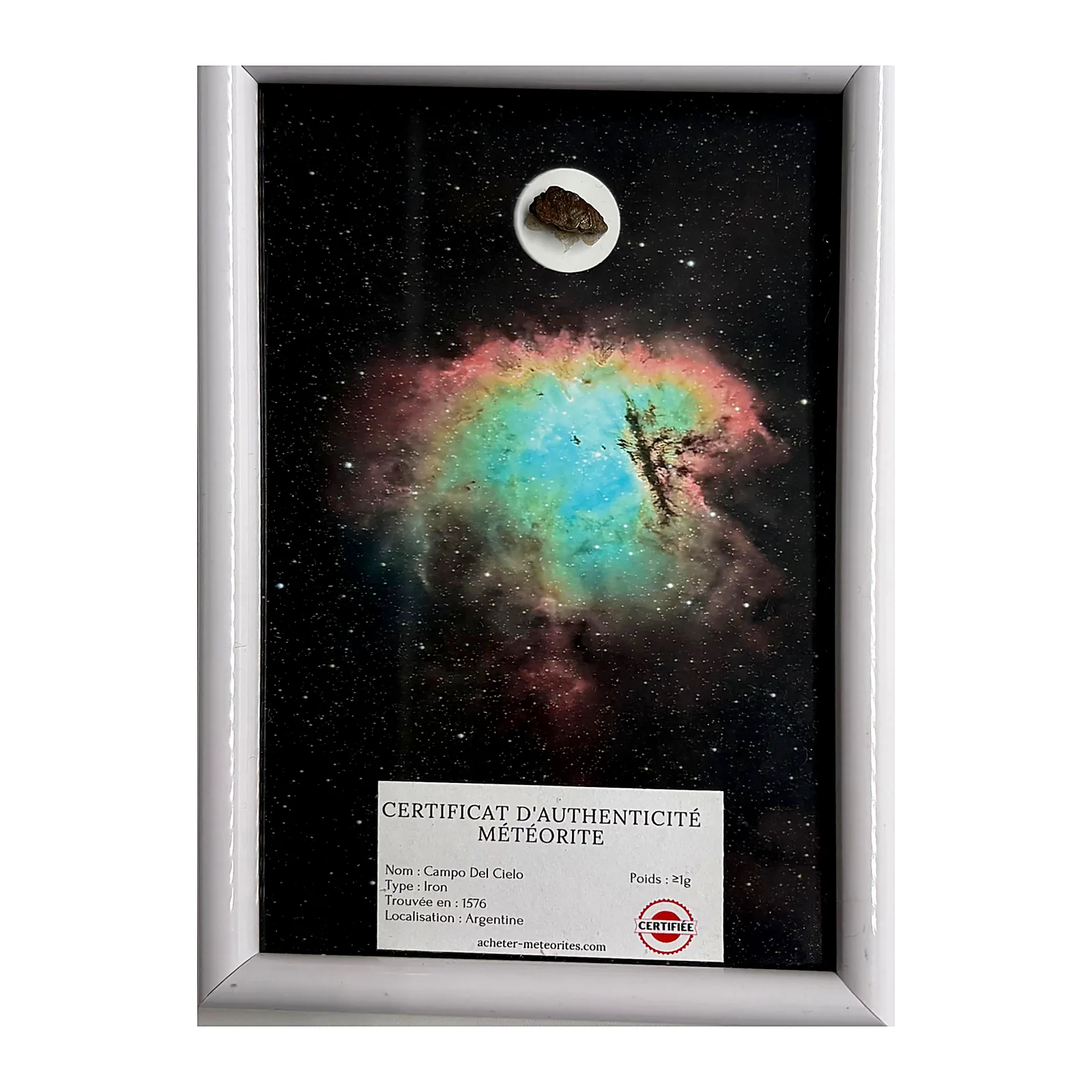 Tableau NGC 281 – nébuleuse Pacman, météorite Campo del Cielo – vue de face sur fond blanc