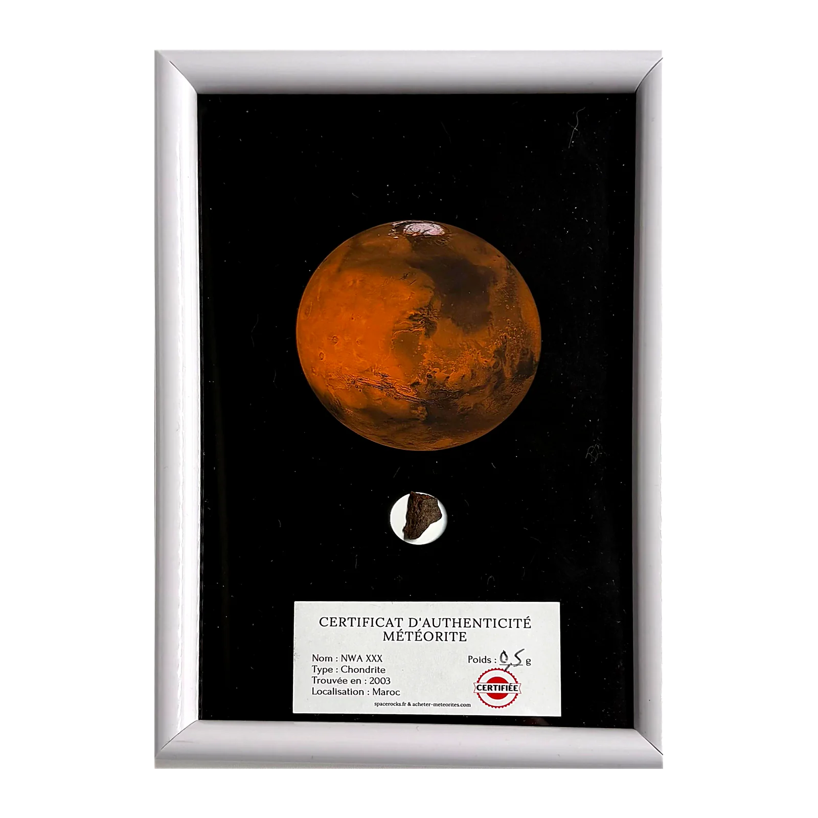 Tableau planète Mars avec météorite NWA XXX – cadre blanc